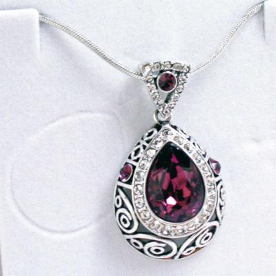 Silver Tone Radiant Amethyst Pear Drop Crystal 18 inch Pendant.JPG